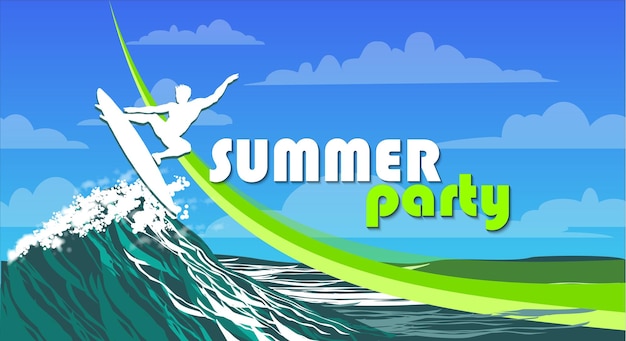 Vector summer illustrations cards flyer poster banner and other promotion background of sky with clouds man surfing on waves title summer party