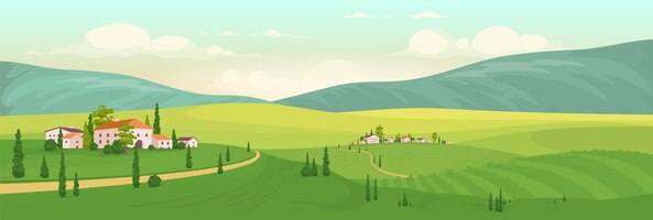 summer in italian village flat color illustration. tuscany 2d cartoon landscape with mountains on background. rural area view with distant country houses and cypress trees. vineyard scenery