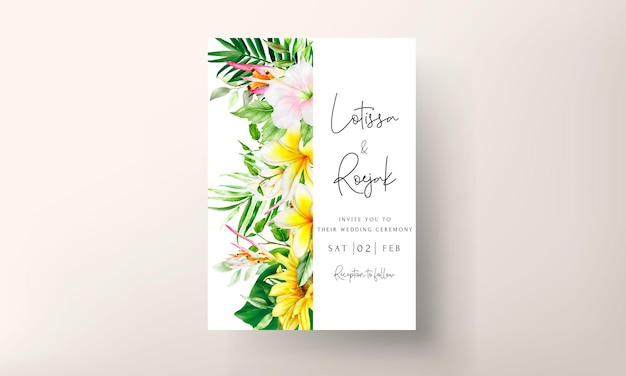 summer invitation card with tropical flower and leaves