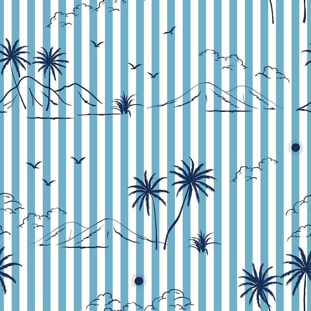 Summer island palm tree seamless pattern on navy blue stripe background