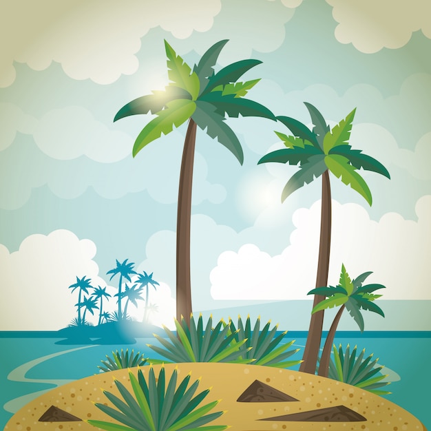 Summer island with palms trees and sea