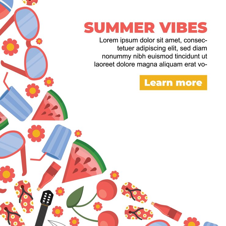 Summer items arranged in corner shape beach items summer vacation sunglasses ball surfboard champagne guitar umbrella watermelon slates ice cream cherry drink vetor cartoon simple flat objects