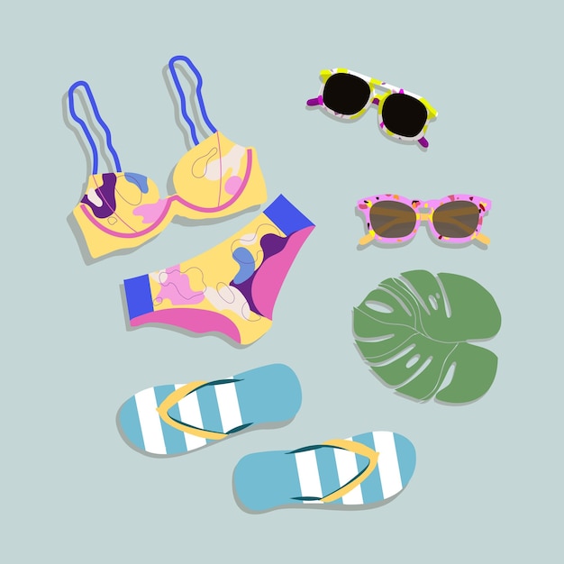 Summer items. Women's beach items. Swimsuit, sunglasses, flip flops, Cartoon style. For registration
