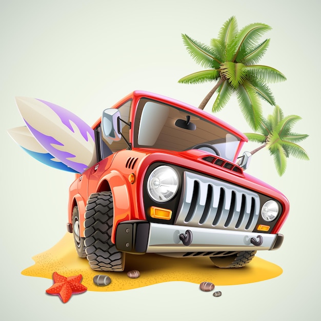 Auto jeep estiva sulla spiaggia con palme