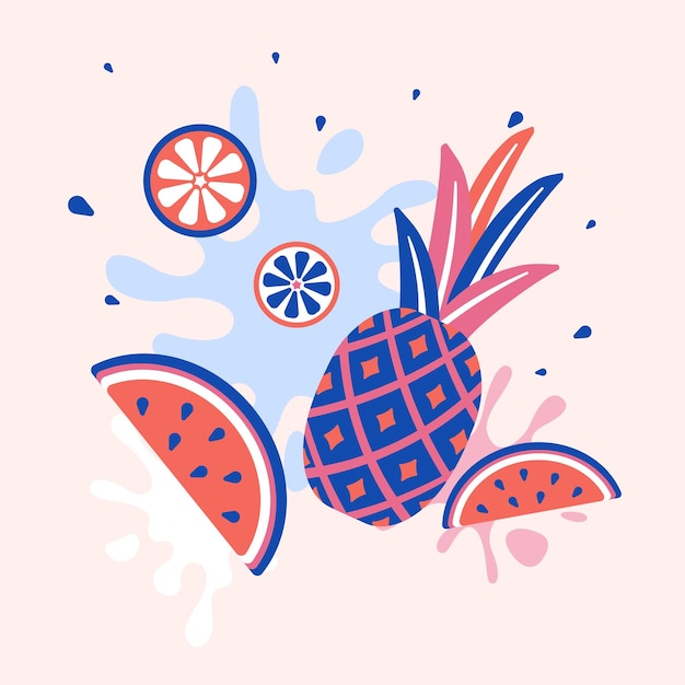 Summer juicy abstract fruit splash Pineapple watermelon and citrus slices Juice fresh fruits drink or dessert Decorative vector graphic art