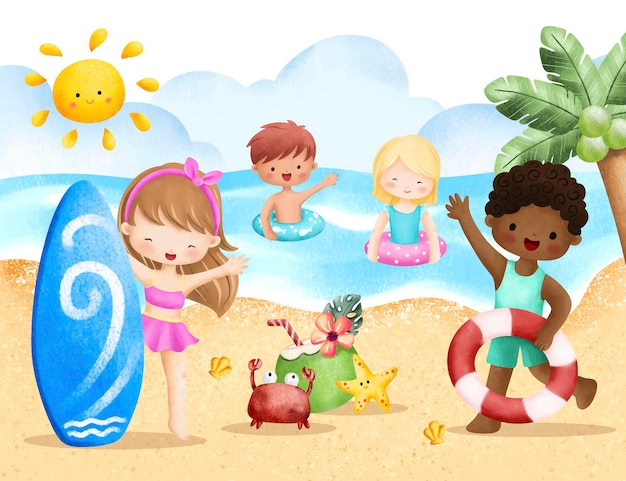 Вектор Летние дети играют на пляже