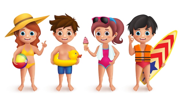 Summer kids vector characters set with boys and girls wearing swimming bikini holding beach ball