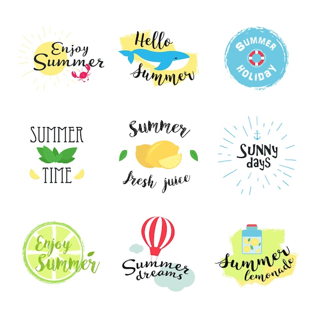 Vector summer labels, logos, hand drawn tags and elements set for summer holiday, travel, beach vacation, sun. vector illustration.