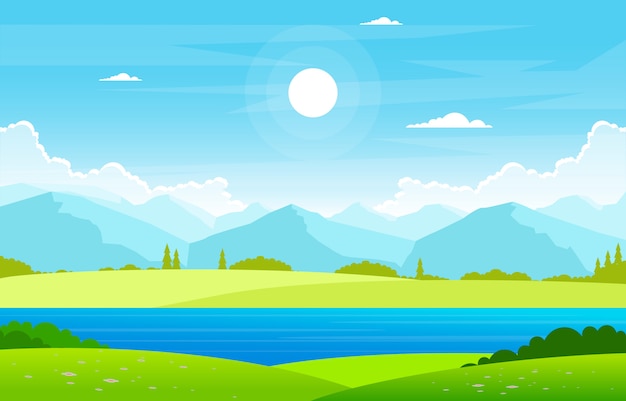 Vector summer lake green nature field land sky landscape illustration