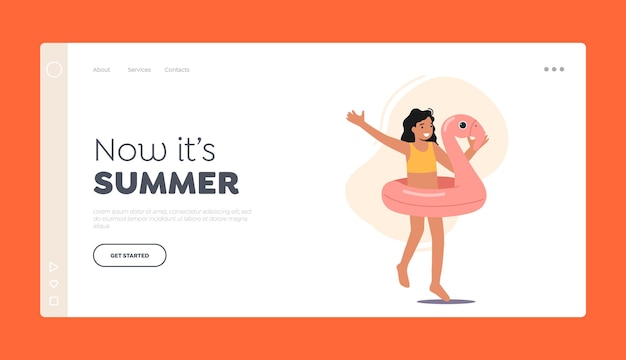 Summer Landing Page Template Happy Little Girl in Swimsuit and Inflatable Ring Child Character Playing on Beach