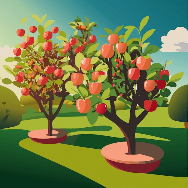 Vector summer landscape apple orchard grden with apple trees vector illustration 10 eps