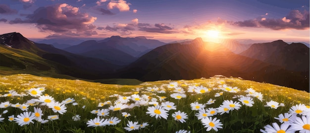 Vettore paesaggio estivo margherite di campo sullo sfondo montagne natura selvaggia con cielo con nuvole tramonto