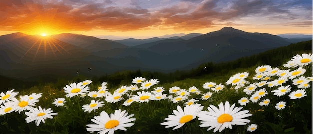 Vector summer landscape field daisies against backdrop mountains wild nature with sky with clouds sunset