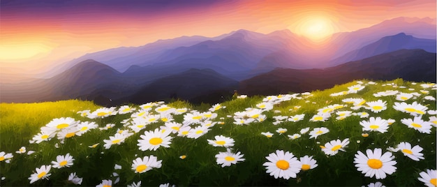 Vettore paesaggio estivo margherite di campo sullo sfondo montagne natura selvaggia con cielo con nuvole tramonto