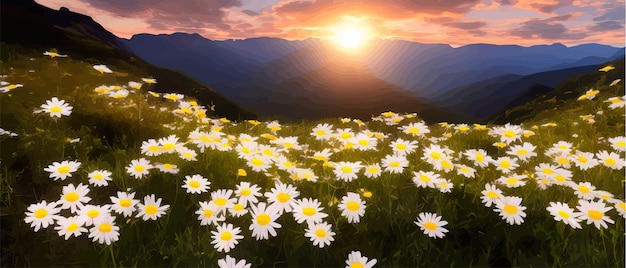 Vettore paesaggio estivo margherite di campo sullo sfondo montagne natura selvaggia con cielo con nuvole tramonto