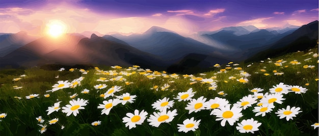 Vector summer landscape field daisies against backdrop mountains wild nature with sky with clouds sunset