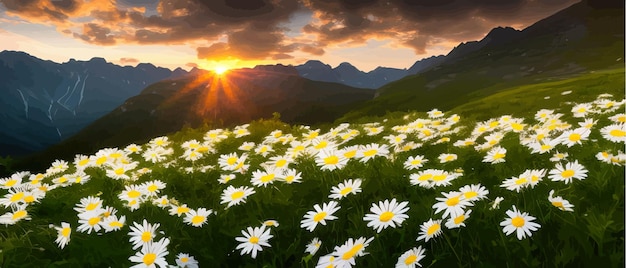 Vector summer landscape field daisies against backdrop mountains wild nature with sky with clouds sunset