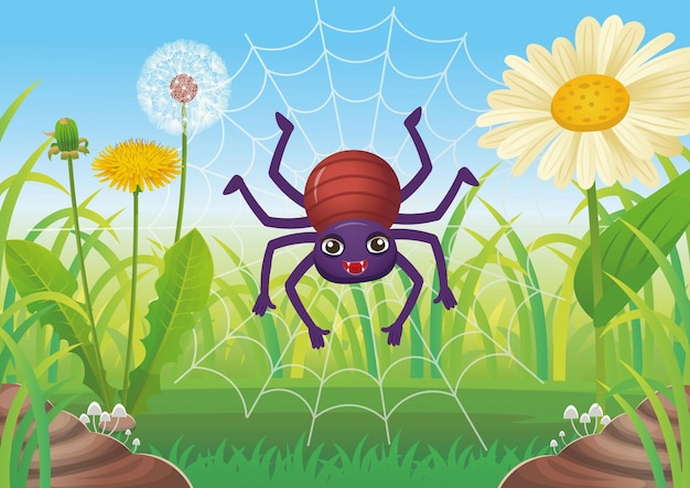 Summer landscape of field with cartoon with a spider on a round web and flowers blue sky
