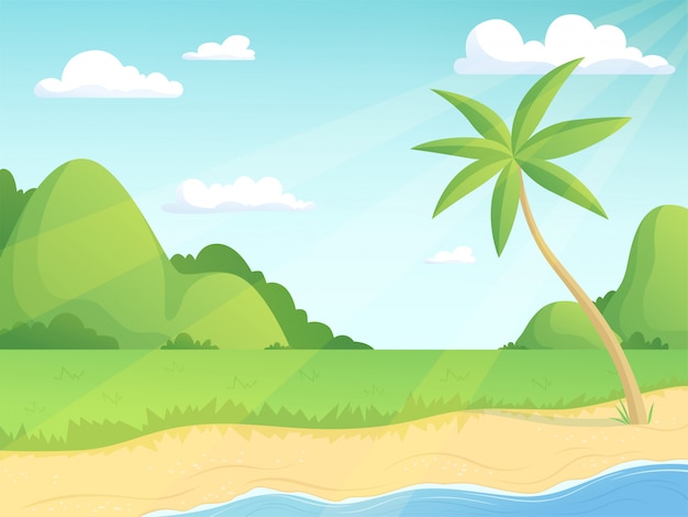 Summer landscape. Green hills palm tree and seaside with grass and water simple outdoor illustration cartoon background