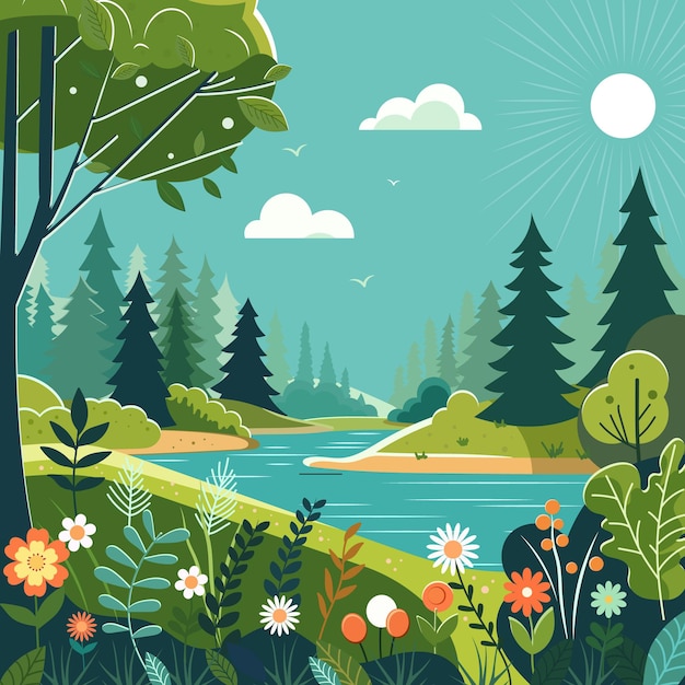 Summer landscape green meadow with blue sky Colorful wild flowers blooming Artistic drawing with green forest and natural flora Scenic background of outdoor countryside Vector illustration