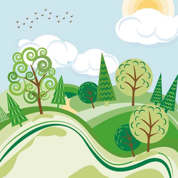 Vector summer landscape green trees wild forest