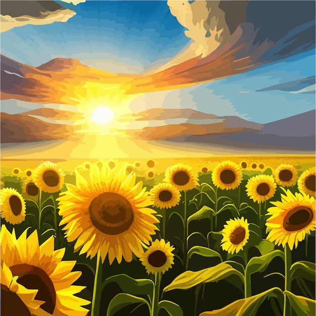 Вектор Летний пейзаж с подсолнухами, желтыми полями и голубым небом, летняя красивая природа