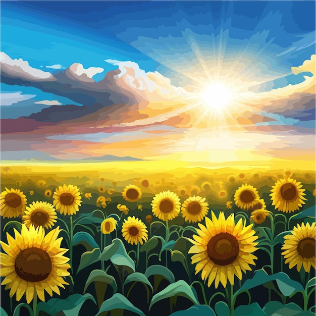 Summer landscape illustration with sunflowers yellow fields and blue sky summertime beautiful nature