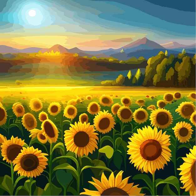 Vector summer landscape illustration with sunflowers yellow fields and blue sky summertime beautiful nature