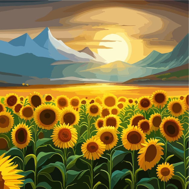 Vector summer landscape illustration with sunflowers yellow fields and blue sky summertime beautiful nature