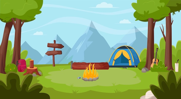 森の中の夏の風景夏のキャンプハイキングキャンピングカーアドベンチャータイムのコンセプト