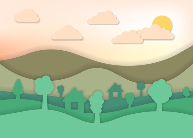 Summer landscape for paper art style vector illustration