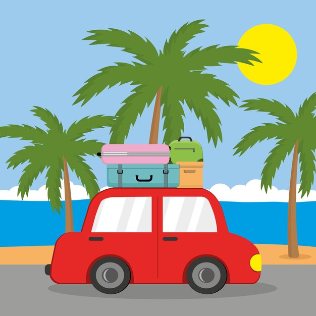 Summer landscape red car with suitcases on the background of palm trees and the sea in cartoon style