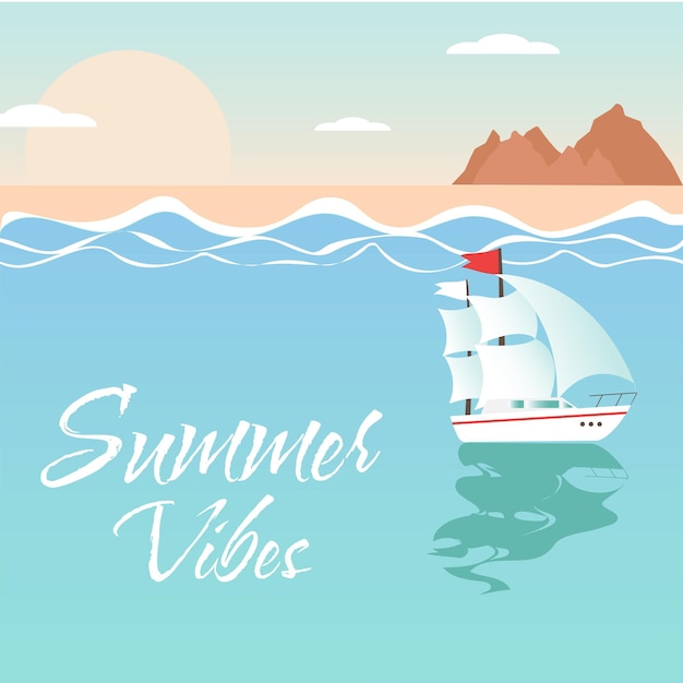 夏の風景海の山々とボートサマーバイブベクトルイラスト