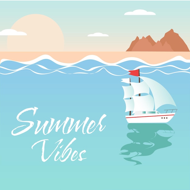 Summer landscape Sea mountains and boat Sammer vibes Vector illustration