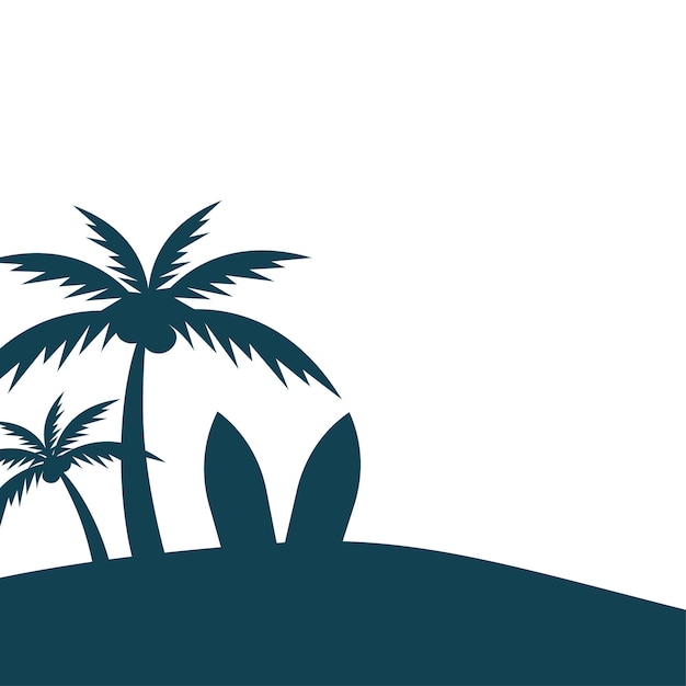 Vector summer landscape silhouette with surfboard and palm trees vector illustration