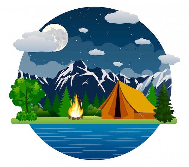 Summer landscape tent and bonfire