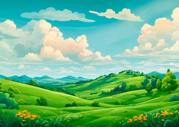 summer landscape with green hills in cartoon style outdoor illustration