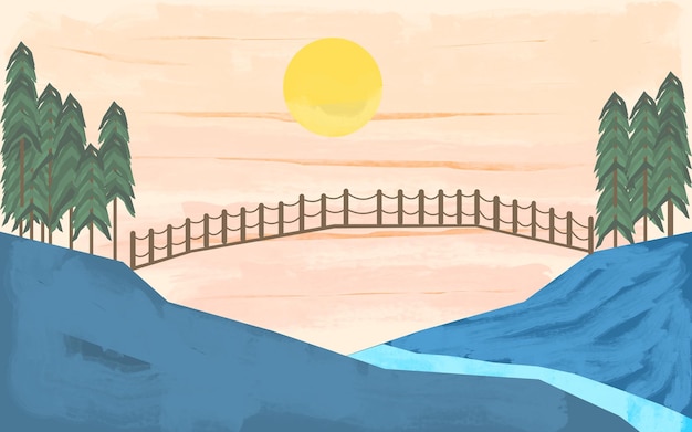 山の橋と松の木のある夏の風景水彩風景画