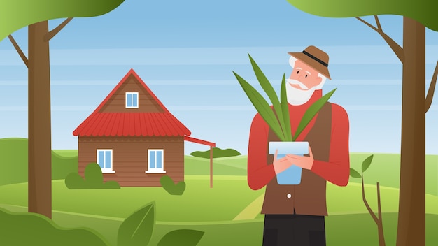 Vector summer landscape with old gardener near village farm house background