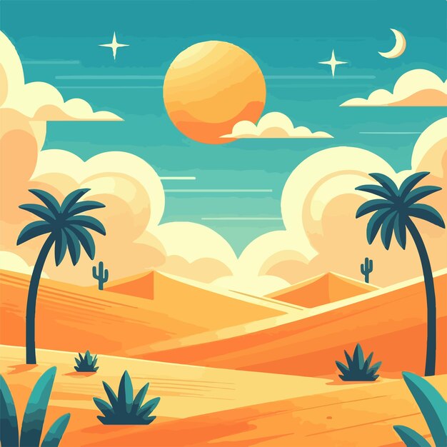 Summer landscape with palm trees Desert background Summer with sun sand clouds palms Trees