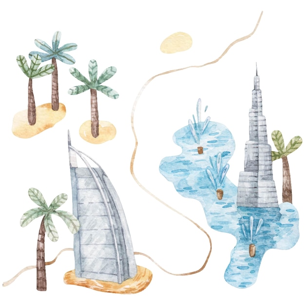 Summer landscape with palmand skyscrapers Arab Emirates  cute watercolor childrens illustration