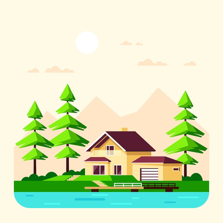 Vector summer landscape with pine trees and lake