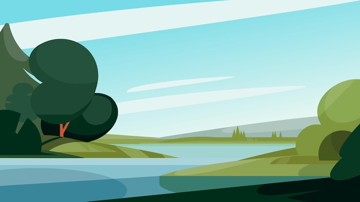 Vector summer landscape with river. beautiful natural scenery.