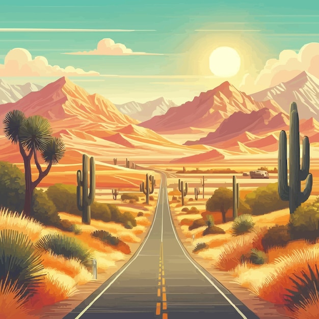 Summer landscape with road through desert landscape