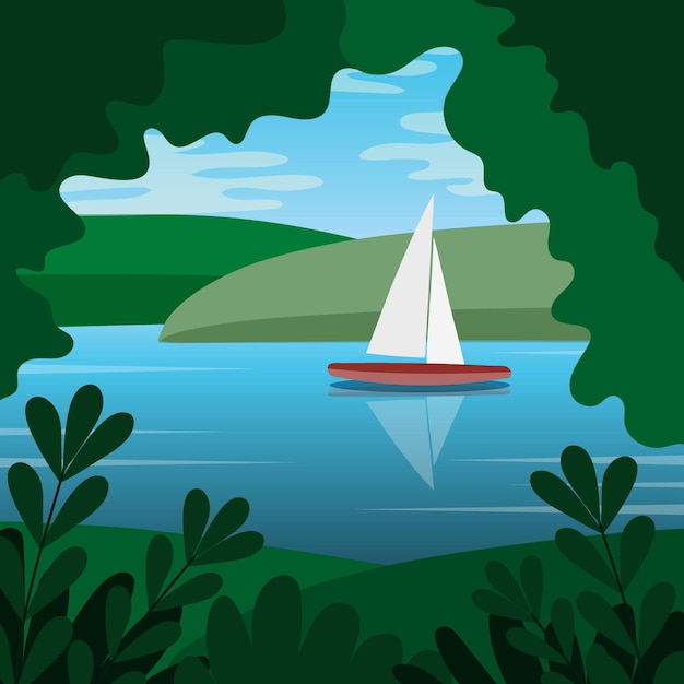 Summer landscape with a sailboat on the river View through the green bushes Vector illustration