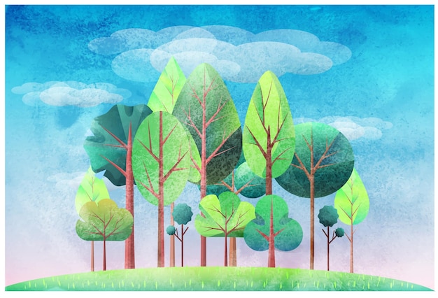 Summer landscape with trees and sky Vector illustration with watercolor texture