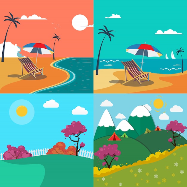 Summer landscapes set in the beach and in the mountains