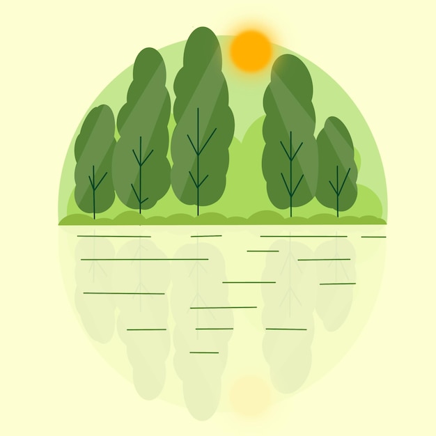 летний пейзаж, зеленый лес, солнце с тенями озера, деревьями и кустами