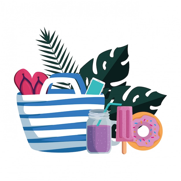 Summer leafs plants with beach bag and set icons