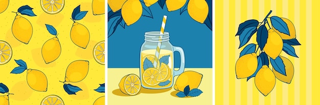 Vector summer lemon card set: seamless pattern, lemon branch, lemonade in a glass jar